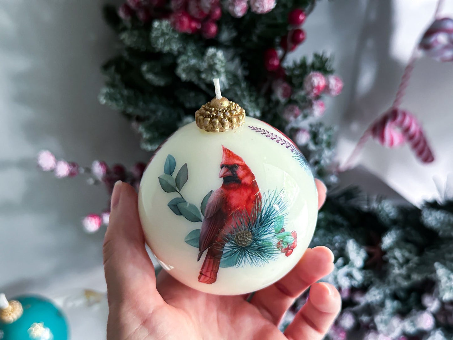 Candle with Cardinal in a gift box with a ribbon