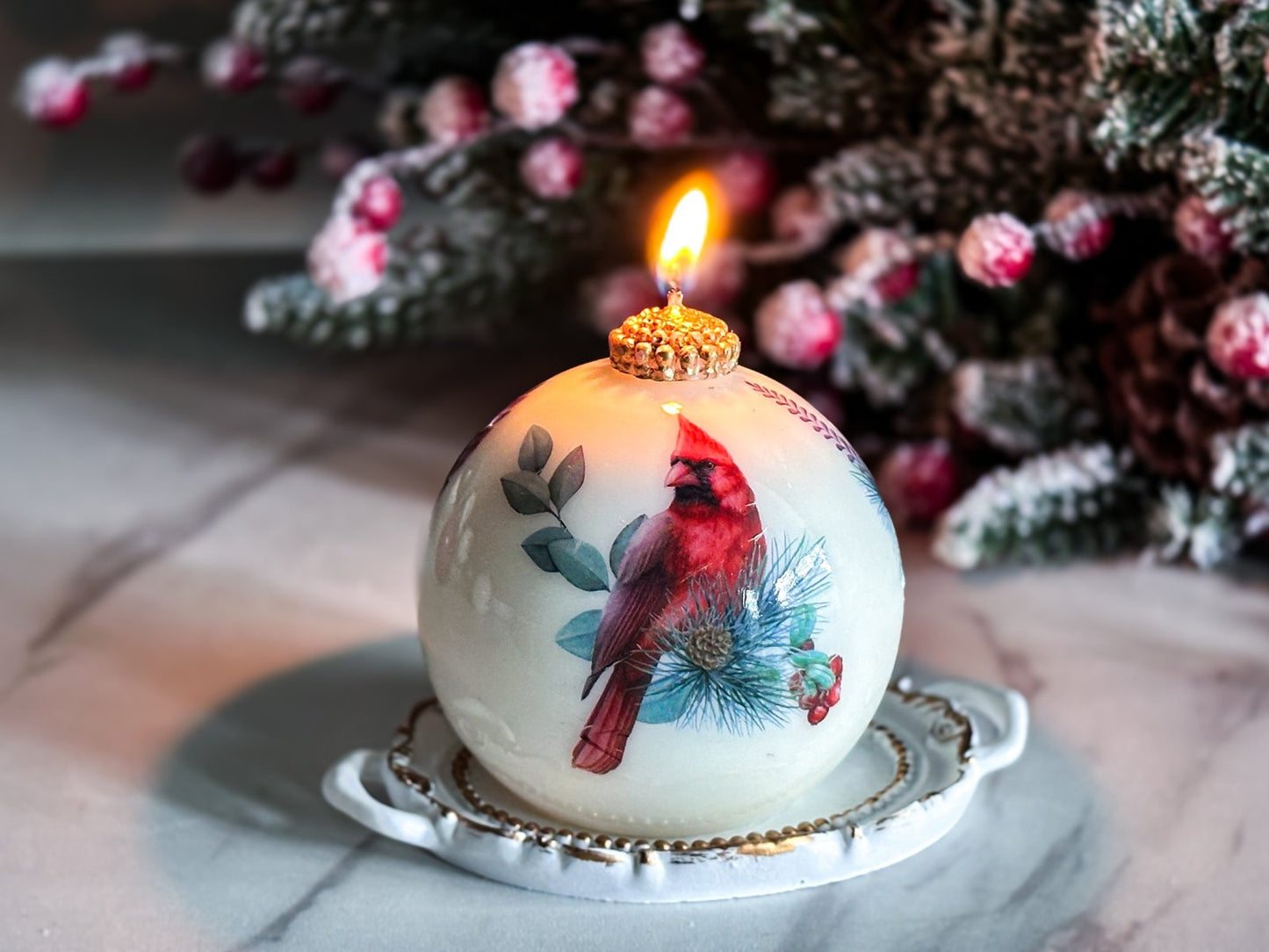 Candle with Cardinal in a gift box with a ribbon